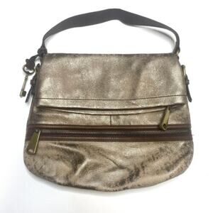 Fossil Metallic Aged Gold Foil Fold-Over Leather Brass Shoulder Bag Purse